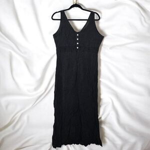 Vintage Black Crinkle Embroidered Maxi Dress Boho V-Neck Shell Button Sleeveless